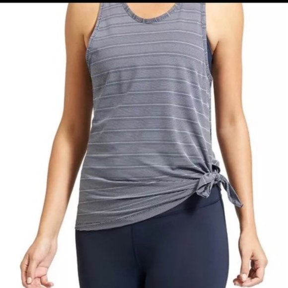 Athleta Top Max Out Tank Blue Striped Side Tie Low Back Blue S Activewear - Picture 2 of 15